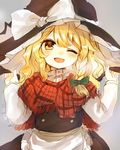  ;d apron blonde_hair bow braid frills hair_bow hat hat_bow highres kirisame_marisa long_sleeves looking_at_viewer one_eye_closed open_mouth plaid plaid_scarf scarf shoudoku_taishi_(taishi) smile solo touhou white_bow witch_hat yellow_eyes 
