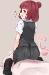  ass bad_id bad_pixiv_id bed_sheet black_legwear black_skirt black_vest blush brown_background brown_hair collared_shirt commentary debutya_aki from_behind full_body green_eyes hair_bun heart looking_at_viewer looking_back miniskirt miyamori_school_uniform no_shoes on_bed open_mouth panties pantylines pleated_skirt red_hair saki school_uniform shirt short_hair short_sleeves sitting skirt smile socks solo translated underwear usuzawa_sae vest white_shirt 