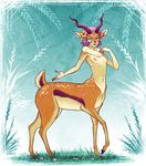  2017 absurd_res antelope bite_mark blind_eye breasts brown_fur cervine deer deertaur ear_piercing eyelashes female flower flower_in_hair fur gazelle grass hair hi_res hooves horn hybrid looking_at_viewer lucina_(rollwulf) mammal multicolored_fur neck_tuft nipples notched_ear piercing plant purple_eyes purple_hair rollwulf scar side_view small_breasts smile solo standing tan_fur taur tuft white_fur 