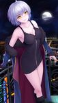  absurdres ahoge black_dress blush breasts can cityscape cleavage coat dress fate/grand_order fate_(series) full_moon fur_trim grey_hair grin hand_on_railing head_tilt highres jacket jeanne_d'arc_(alter)_(fate) jeanne_d'arc_(fate)_(all) kyoukai33 large_breasts looking_at_viewer moon night night_sky off_shoulder open_clothes open_jacket short_dress short_hair sky smile solo yellow_eyes 