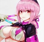  artrageousgirl between_fingers bikini braid breasts closed_mouth commentary_request fate/grand_order fate_(series) florence_nightingale_(fate/grand_order) gloves green_gloves hat large_breasts long_hair looking_at_viewer pink_hair red_eyes shrug_(clothing) smile solo swimsuit syringe trick_or_treatment upper_body 