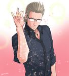  brown_hair casual final_fantasy final_fantasy_xv glasses ignis_scientia looking_down male_focus pink_background salt_bae_(meme) setsu-st solo sparkle 