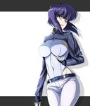  belt black_gloves black_jacket breasts covered_navel cropped_jacket fingerless_gloves ghost_in_the_shell ghost_in_the_shell_stand_alone_complex gloves highleg highleg_leotard highres jacket kusanagi_motoko large_breasts leotard long_sleeves looking_at_viewer pants pink_lips purple_hair red_eyes riichi_(rouchi) short_hair solo white_leotard white_pants 