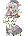  beret blue_eyes blush breasts double_bun epaulettes finger_to_cheek gloves hat hey_taishou highres huge_breasts kantai_collection kashima_(kantai_collection) silver_hair simple_background sketch skirt smile solo twintails white_background white_gloves 