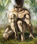  black_hair gon-san gon_freecss grass hunter_x_hunter long_hair looking_at_viewer male_focus marimoppoi muscle shaded_face solo tree very_long_hair 