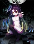  absurdres black_legwear blonde_hair breasts checkered checkered_floor collarbone crying dark_background highres long_hair looking_at_viewer mechanical_parts mechanical_wings multicolored_hair navel no_game_no_life nude purple_hair reaching_out shuvi_(no_game_no_life) small_breasts smile solo squatting sugar_(dndi888) thighhighs very_long_hair wings yellow_eyes 