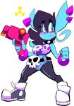  2017 belt black_hair blue_skin bracelet breasts clothing ear_piercing female footwear freckles gun hair humanoid ien jewelry mammal not_furry piercing ranged_weapon shirt shoes simple_background skull solo tillie_(vimhomeless) vimhomeless weapon white_background 