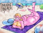 2017 4_fingers absurd_res amphibian animal_humanoid anthro ball beach_ball big_butt blonde_hair breasts butt clothing convenient_censorship digital_media_(artwork) ear_piercing english_text eyelashes eyewear feet female gem glasses goodbadartist hair hair_bun hat hi_res huge_butt humanoid lizard_tail looking_at_viewer lying markings multicolored_scales non-mammal_breasts noseless nude nudist nudist_beach on_front pearl_(gem) piercing pink_scales pink_skin pointy_ears round_glasses salamander sally_(scalie_schoolie) scales scalie scalie_schoolie seaside sign smile solo text thick_thighs toes towel traditional_media_(artwork) two_tone_scales umbrella voluptuous watercolor_(artwork) webcomic wide_hips yellow_skin 