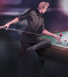  billiards blurry blurry_background brown_hair cue_ball cue_stick dark dress_shoes final_fantasy final_fantasy_xv glasses ignis_scientia male_focus pants pool_ball pool_table pose setsu-st shirt sitting solo 