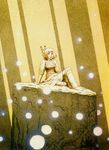  breasts brown_hair glowing highres jewelry kaze_no_tani_no_nausicaa knees_up light_rays medium_breasts moebius nausicaa rock short_hair solo source_request studio_ghibli sunlight teto 