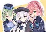  ;d altina_orion beret black_hat closed_mouth eiyuu_densetsu garrison_cap girl_sandwich green_eyes green_hair hair_ornament hairclip hat juna_crawford kibasuke long_hair multiple_girls musse_egret one_eye_closed open_mouth pink_hair ponytail purple_eyes sandwiched sen_no_kiseki sen_no_kiseki_3 short_hair smile uniform upper_body white_hair x_hair_ornament 