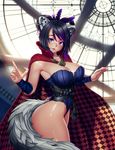  absurdres animal_ears ass black_hair breasts cape character_request cleavage collarbone copyright_request earrings fang feathers fingernails hair_feathers highres jewelry large_breasts lips long_fingernails looking_at_viewer necklace nikita_varb parted_lips purple_eyes short_hair solo tail thick_thighs thighs 