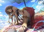  adjusting_hair all_fours armlet bare_shoulders beach_umbrella bikini blue_eyes bracelet brown_hair cloud day granblue_fantasy hat hat_removed headwear_removed highres jewelry kakage long_hair palm_tree plant rosetta_(granblue_fantasy) sarong sky solo swimsuit thigh_strap tree umbrella vines 