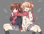  beige_sweater blonde_hair bow brown_hair closed_eyes grey_background grey_skirt kamikita_komari little_busters! long_hair mauve multiple_girls natsume_rin open_mouth pink_bow plaid plaid_skirt pleated_skirt ponytail red_eyes red_scarf scarf school_uniform shared_scarf short_hair simple_background sitting skirt smile twintails 