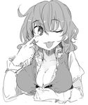  bangs breasts cleavage closed_mouth greyscale juliet_sleeves kamukamu_(ars) large_breasts long_sleeves looking_at_viewer monochrome one_eye_closed puffy_sleeves simple_background sketch solo tatara_kogasa tongue tongue_out touhou white_background 