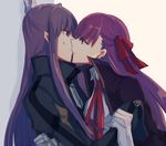  aoki_shizumi bangs bb_(fate)_(all) bb_(fate/extra_ccc) blue_eyes face-to-face fate/extra fate/extra_ccc fate_(series) gloves hair_ribbon juliet_sleeves kiss long_sleeves looking_at_another meltlilith multiple_girls puffy_sleeves purple_eyes purple_hair red_ribbon ribbon sweat wall_slam white_gloves yuri 