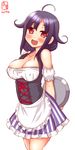  :d ahoge alternate_costume apron arms_behind_back black_hair breasts cleavage commentary_request covered_nipples detached_sleeves dirndl german_clothes hair_flaps highres kanon_(kurogane_knights) kantai_collection large_breasts long_hair looking_at_viewer off_shoulder open_mouth red_eyes simple_background sketch smile solo taigei_(kantai_collection) tray 