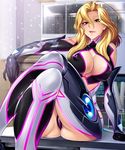  1girl ass blonde_hair bodysuit breasts character_request curvy female huge_ass large_breasts legs_up leotard lilith-soft long_hair nipples shiny shiny_skin sitting smile taimanin_(series) taimanin_asagi taimanin_asagi_battle_arena yellow_eyes zol 