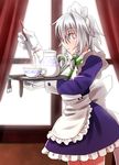  apron blood blue_dress blue_eyes bow braid closed_mouth commentary_request cowboy_shot cup dress frilled_apron frills from_side gloves green_bow greenkohgen hair_bow izayoi_sakuya knife maid maid_apron maid_headdress profile silver_hair solo teacup teapot touhou tourniquet twin_braids white_gloves 