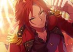  bangs_pinned_back blurry clenched_hand closed_mouth collarbone depth_of_field ensemble_stars! epaulettes green_eyes idol isara_mao jacket jewelry looking_at_viewer male_focus necklace open_clothes open_jacket pink_hair smile solo sparkle 