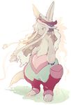  animal_ears bangs barefoot ears_through_headwear eyebrows_visible_through_hair full_body furry hat highres horns long_hair looking_to_the_side made_in_abyss namiki_omu nanachi_(made_in_abyss) pants paws solo standing tail topless white_hair 