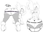  2016 alien big_butt butt clothing ear_piercing female footwear freckles hair hi_res huge_butt humanoid kneeling looking_back mammal monochrome not_furry piercing rear_view shoes shorts simple_background smile solo thong tillie_(vimhomeless) top vimhomeless white_background 