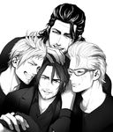  beard facial_hair final_fantasy final_fantasy_xv gladiolus_amicitia glasses goatee greyscale ignis_scientia looking_at_viewer male_focus monochrome multiple_boys noctis_lucis_caelum older one_eye_closed prompto_argentum scar setsu-st smile spoilers 