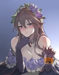  annoyed backlighting bangs bare_shoulders blush breasts brown_hair cleavage clenched_teeth commentary_request empty_eyes eyebrows_visible_through_hair flower glass gloves granblue_fantasy hair_between_eyes half-closed_eyes highres kakage large_breasts light long_hair looking_at_viewer looking_to_the_side playing_with_own_hair purple_eyes purple_flower purple_gloves purple_rose rose rosetta_(granblue_fantasy) shiny shiny_hair solo teeth very_long_hair wide_sleeves 