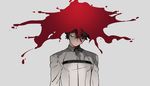  black_hair blood blood_splatter closed_eyes closed_mouth collared_jacket commentary facing_viewer fate/grand_order fate_(series) fujimaru_ritsuka_(male) grey_background jacket long_sleeves male_focus simple_background solo tenobe upper_body wing_collar 