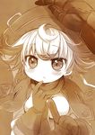  1girl :&lt; ahoge blush bondrewd capelet closed_mouth eyebrows_visible_through_hair gloves hat looking_at_viewer made_in_abyss monochrome out_of_frame pointing pointing_at_viewer pov pov_hands prushka sakurazawa_izumi sepia sepia_background short_hair simple_background solo_focus 