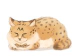  bow bowtie cat_day closed_eyes closed_mouth facing_viewer full_body kemono_friends lying no_humans on_stomach orange_neckwear serval serval_(kemono_friends) shirosato simple_background sleeping solo white_background 
