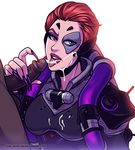  1boy 1girl armor cum facial fellatio heterochromia interracial long_fingernails moira_(overwatch) overwatch red_hair semen_on_face short_hair 