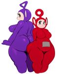  2017 absurd_res big_breasts big_butt big_ears blush breasts brown_eyes butt crossgender duo eyelashes female hi_res huge_breasts huge_butt humanoid larger_female not_furry po_(teletubbies) simple_background size_difference slightly_chubby smaller_female smile sssonic2 teeth teletubbies tinywinky_(teletubbies) white_background wide_hips 