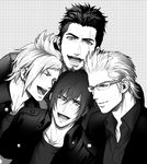  blush final_fantasy final_fantasy_xv gladiolus_amicitia glasses greyscale ignis_scientia looking_at_viewer male_focus monochrome multiple_boys noctis_lucis_caelum one_eye_closed prompto_argentum scar setsu-st smile 