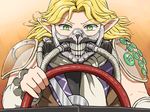  blonde_hair driving eyebrows_visible_through_hair face_mask fusion green_eyes immortan_joe long_hair looking_at_viewer mad_max mad_max:_fury_road mask mizuhashi_parsee pointy_ears scarf shirosato shoulder_pads solo touhou upper_body white_scarf wide-eyed 