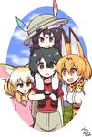  :d :o animal_ears backpack bag black_eyes black_hair blonde_hair bow bowtie brown_eyes carrying commentary_request common_raccoon_(kemono_friends) dated extra_ears fang fennec_(kemono_friends) fox_ears hair_between_eyes hat hat_feather helmet high-waist_skirt kaban_(kemono_friends) kemono_friends kitsunetsuki_itsuki lucky_beast_(kemono_friends) multicolored_hair multiple_girls open_mouth orange_eyes pith_helmet print_neckwear print_skirt raccoon_ears red_shirt serval_(kemono_friends) serval_ears serval_print shirt short_hair shoulder_carry signature skirt sleeveless sleeveless_shirt smile spoilers white_shirt yellow_neckwear 