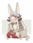  :3 animal_ears bangs barefoot bowl ears_through_headwear eating eyebrows_visible_through_hair full_body furry hat holding holding_spoon horizontal_pupils horns indian_style long_hair looking_at_viewer made_in_abyss nanachi_(made_in_abyss) pants parted_lips paws sitting smile solo spoon tail topless whiskers white_hair yue_(kingdom1259) 