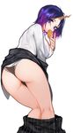  ass black_panties blue_eyes blush eating elma_(maidragon) food holding holding_food kneepits kobayashi-san_chi_no_maidragon lace lace-trimmed_panties looking_at_viewer looking_back multicolored_hair panties purple_hair short_hair simple_background skirt skirt_pull solo streaked_hair striped thighs underwear vertical-striped_skirt vertical_stripes white_background xiaoshou_xiansheng 