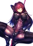  absurdres arm_behind_head arm_up ass_visible_through_thighs bangs black_legwear blush bodysuit breasts breasts_apart buttons covered_navel covered_nipples enty_reward fate/grand_order fate_(series) fingernails gae_bolg hair_between_eyes hair_intakes half-closed_eyes highres holding holding_spear holding_weapon huge_filesize impossible_bodysuit impossible_clothes lance large_breasts long_fingernails long_hair looking_at_viewer paid_reward parted_lips pauldrons polearm purple_bodysuit purple_eyes purple_hair red_eyes scathach_(fate)_(all) scathach_(fate/grand_order) shiny shiny_clothes shoulder_pads silly_(marinkomoe) simple_background skin_tight smile solo spear spread_legs squatting thighhighs turtleneck upper_teeth very_long_hair weapon weapon_on_back white_background 