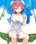  bandaged_arm bandages bangs blue_sky bun_cover closed_mouth cloud commentary_request day double_bun eating hammock highres holding ibaraki_kasen kasuka_(kusuki) looking_at_viewer one_eye_closed outdoors pink_eyes pink_hair pointy_ears shirt short_hair sitting sky solo touhou translation_request white_shirt 