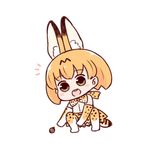  :d animal_ears bangs bare_shoulders batta_(ijigen_debris) blush_stickers bow bowtie brown_eyes chibi commentary_request elbow_gloves extra_ears eyebrows_visible_through_hair full_body gloves high-waist_skirt kemono_friends looking_at_viewer multicolored multicolored_clothes multicolored_legwear nut_(food) open_mouth orange_hair orange_neckwear serval_(kemono_friends) serval_ears serval_print serval_tail shirt short_hair simple_background skirt sleeveless sleeveless_shirt smile solo squatting tail thighhighs white_background white_shirt 