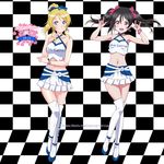  ayase_eli black_hair blonde_hair blue_eyes blush boots breasts checkered checkered_background checkered_floor collarbone earrings hair_ornament hair_ribbon hat highres jewelry large_breasts love_live! love_live!_school_idol_project maruze_circus midriff miniskirt multiple_girls navel race_queen red_eyes ribbon skirt small_breasts smile thigh_boots thighhighs yazawa_nico 