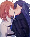  ahoge aoki_shizumi blue_ribbon blush breasts chain chaldea_uniform closed_eyes face-to-face fate/extra fate/extra_ccc fate/grand_order fate_(series) fujimaru_ritsuka_(female) hair_ribbon imminent_kiss long_hair long_sleeves looking_at_another meltlilith multiple_girls orange_eyes orange_hair purple_hair ribbon sleeves_past_wrists sweat white_background yuri 
