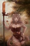  anthro clothed clothing feline female flower hair jewelry looking_at_viewer mammal melee_weapon orb outside plant polearm raventenebris rose tiger tree weapon white_tiger 