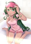  bare_arms bare_legs barefoot blush breasts cleavage closed_mouth collarbone commentary_request dark_skin e-co finger_to_mouth green_eyes green_hair heart index_finger_raised indoors long_hair looking_at_viewer mao_(pokemon) medium_breasts pajamas pokemon pokemon_(game) pokemon_sm short_sleeves sitting sleep_mask smile solo sunlight wariza 