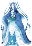  asame21 blue_hair breasts cleavage dragonair full_body gen_1_pokemon head_wings highres horn japanese_clothes large_breasts personification pokemon red_eyes ribbon smile solo standing wide_sleeves 