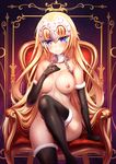  bad_id bad_pixiv_id bangs black_gloves black_legwear blonde_hair blue_eyes blush breasts chain chair closed_mouth collarbone elbow_gloves eyebrows_visible_through_hair fate/apocrypha fate_(series) frame fur-trimmed_gloves fur-trimmed_legwear fur_trim glint gloves hair_between_eyes hair_in_mouth hand_on_own_chest hand_up headpiece heart heart-shaped_pupils highres jeanne_d'arc_(fate) jeanne_d'arc_(fate)_(all) jewelry knee_up large_breasts long_hair looking_at_viewer nipples nude on_chair pupupu_(1053378452) purple_background ring shiny shiny_clothes shiny_hair shiny_skin sitting smile solo sparkle symbol-shaped_pupils thighhighs very_long_hair wedding_band 