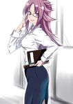  adjusting_eyewear alternate_costume belt bespectacled contemporary dress_shirt flipped_hair glasses indoors jun'you_(kantai_collection) kantai_collection kote_(dew) long_hair looking_at_viewer notebook open_mouth purple_eyes purple_hair school shirt skirt smile solo teacher white_shirt 