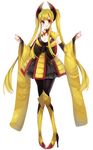  black_legwear breasts cleavage elbow_gloves fingerless_gloves full_body gen_5_pokemon gloves hair_ornament haxorus high_heels highres large_breasts long_hair looking_at_viewer nail_polish personification pokemon red_eyes red_nails skirt twintails very_long_hair yellow_legwear 