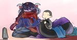  &gt;_&lt; 1boy 1girl apophis_(monster_girl_encyclopedia) black_sweater blanket blush commentary gem hair_between_eyes hair_ornament hair_scrunchie heater lamia latenight long_hair low-tied_long_hair monster_girl monster_girl_encyclopedia pink_background pink_scrunchie pointy_ears purple_hair purple_skin red_sweater ribbed_sweater scrunchie sitting sweater tail tail_grab tiara trembling winter 